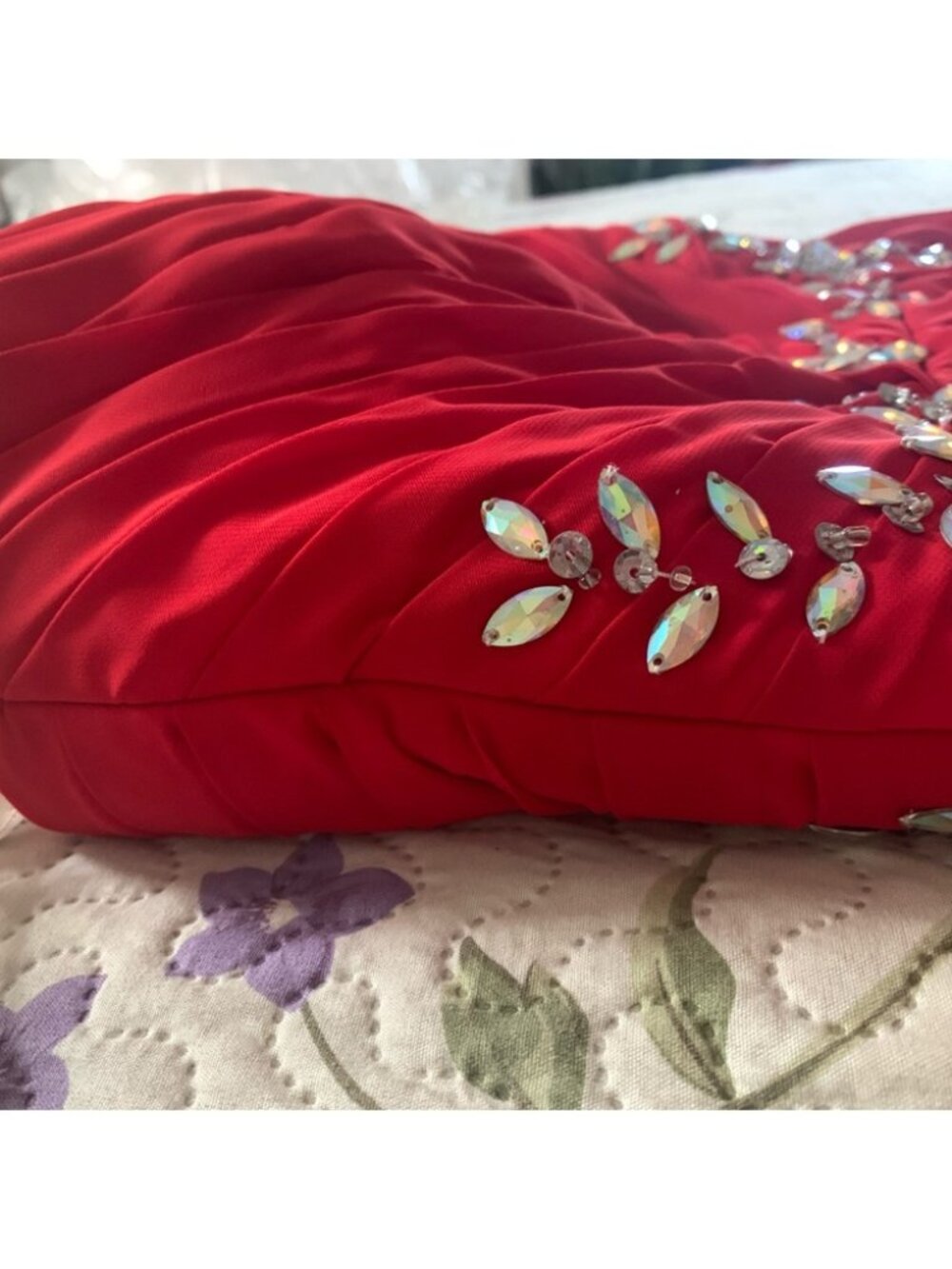 Long Red Formal Strapless Jeweled Dress Gown - Picture 9 of 12